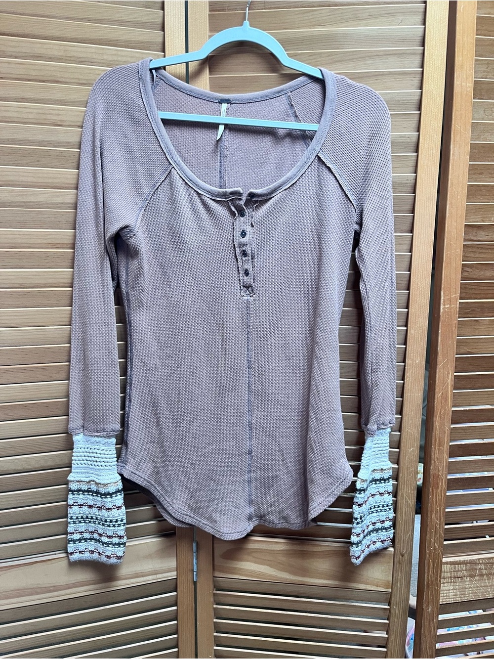 Free People Taupe Henley Top with Crochet Cuff